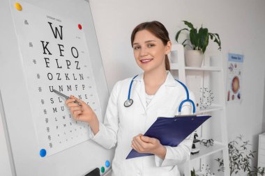 Klinikte göz testi tablosunun yanında panosu olan kadın göz doktoru.