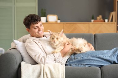 Şirin Maine Rakun kedisi olan yakışıklı genç adam evdeki kanepede uzanıyor.