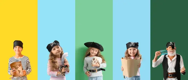 stock image Set of different people dressed as pirates on color background