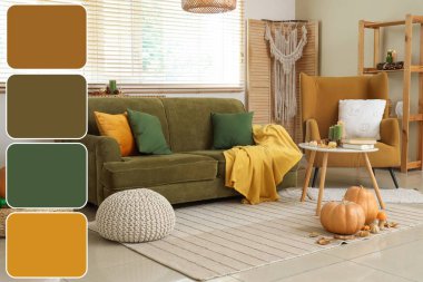 Sonbahar dekoru, kanepesi ve koltuğu olan bir oturma odası. Farklı renk desenleri