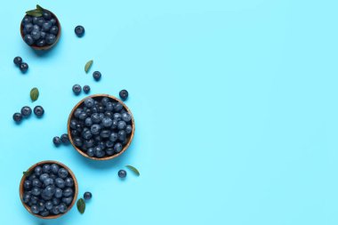 Mavi arka planda taze yaban mersini ve yapraklı kaseler