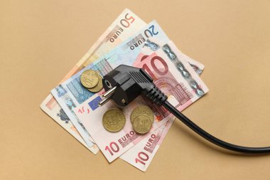 Elektrik prizi ve kahverengi arka planda para