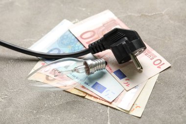 Elektrik prizi, ampul ve grunge arkaplanındaki euro banknotları