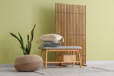 Güzel bir oturma odası, rahat bir bank, ev bitkisi, yastıklar ve katlanır ekran.