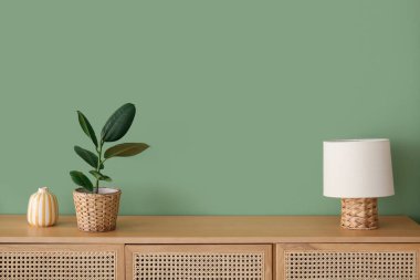 Odadaki yeşil duvarın yanındaki çekmecelerin üzerindeki lamba, vazo ve saksı.