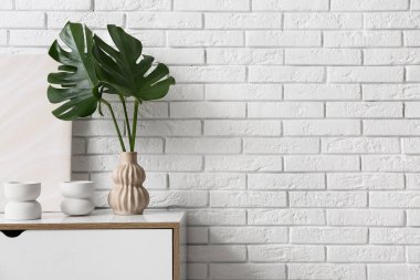 Çekmecelerin üstündeki vazoda tropikal canavar yaprakları olan modern oturma odası, yakın plan.