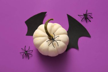 Taze balkabağı, kağıt yarasa ve mor arkaplan örümcekli kompozisyon