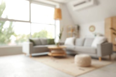 Gri kanepeler, masa ve bitkilerle aydınlık oturma odasının bulanık görüntüsü