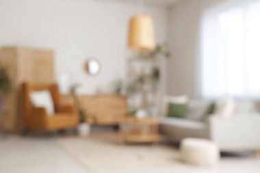 Gri kanepesi, koltuğu ve bitkileri olan bulanık oturma odası manzarası