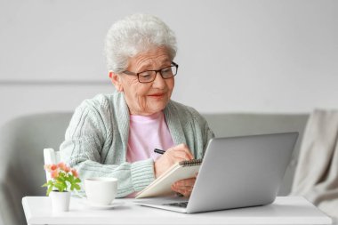 Evde dizüstü bilgisayarda yazan son sınıf öğrencisi kadın.