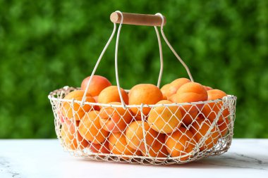 Dışarıdaki beyaz masada taze kayısı sepeti.