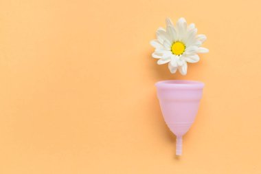 Bej arka planda regl fincanı ve papatya çiçekli kompozisyon