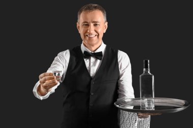 Siyah arka planda cam ve bir şişe votkalı olgun bir garson.