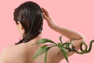 Duştan sonra pembe arka planda bambu dalı olan güzel genç bir kadın.