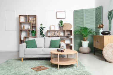 Oturma odasının içinde kanepe ve halı üzerinde Sadhu tahtası var.