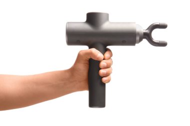 Beyaz arka planda vurmalı masaj aleti olan erkek el, yakın plan.