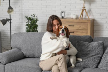 Evdeki kanepede sevimli Beagle köpeğine sarılan genç bir kadın.