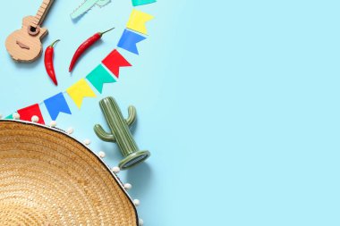 Renkli arka planda Meksika 'nın farklı sembolleri olan kompozisyon. El Dia de Muertos