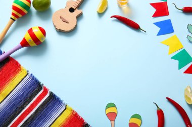 Renkli arka planda Meksika sembolleri ve dekorundan yapılmış çerçeve. El Dia de Muertos