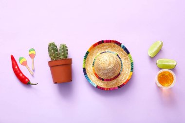 Mini sombrero, kaktüs ve leylak arkaplanlı tekila kompozisyonu. El Dia de Muertos