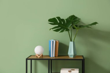 Çekmecelerin üstündeki vazoda tropikal canavar yaprakları olan modern oturma odası, yakın plan.