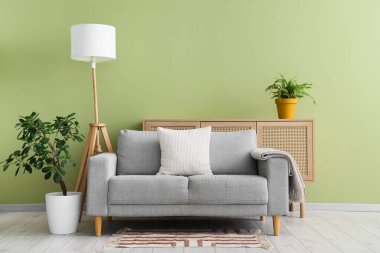 Gri kanepesi, çiçekleri ve yeşil duvarın yanındaki tuvaleti olan şık bir oda.