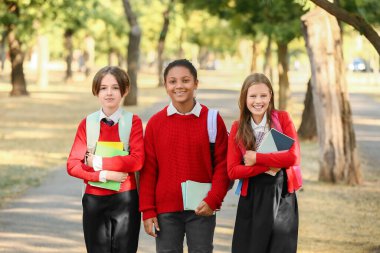 Kırtasiyeli bir grup mutlu öğrenci açık havada okula gidiyor.