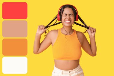 Duygusal Afro-Amerikalı kadın sarı arka planda müzik dinliyor. Farklı renk desenleri 