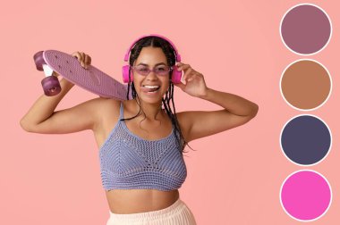 Kaykaylı havalı Afro-Amerikalı kadın pembe arka planda müzik dinliyor. Farklı renk desenleri