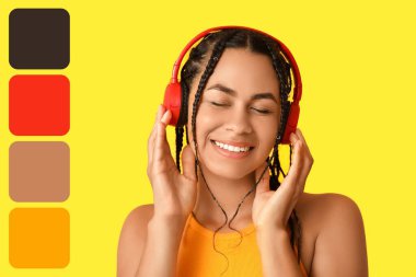 Genç Afro-Amerikalı kadın sarı arka planda müzik dinliyor. Farklı renk desenleri