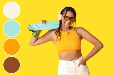 Kaykaylı havalı Afro-Amerikalı kadın sarı arka planda müzik dinliyor. Farklı renk desenleri