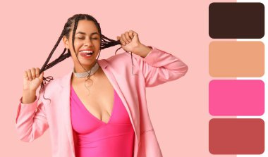 Pembe arka planda Afro-Amerikan bir kadın. Farklı renk desenleri