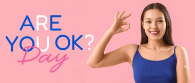 Banner for R U OK Day with young woman on pink background clipart