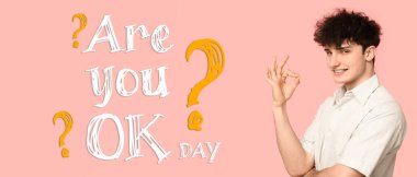 Banner for R U OK Day with young man on pink background clipart