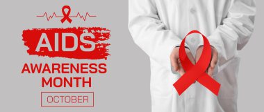 Gri arka planda kırmızı kurdeleli bir doktor. AIDS Farkındalık Ayı Afişi