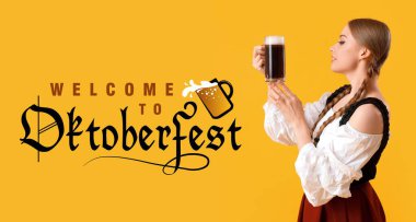 Octoberfest waitress with beer on yellow background. Oktoberfest celebration clipart