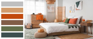 Sonbahar balkabaklarıyla dolu modern rahat bir yatak odası. Farklı renk desenleri