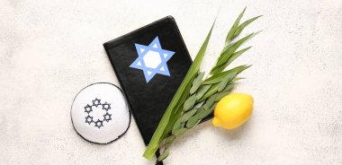 Dört tür (lulav, hadas, arava, etrog) hafif grunge arka planında Sukkot bayram sembolleri, Torah ve kippah olarak