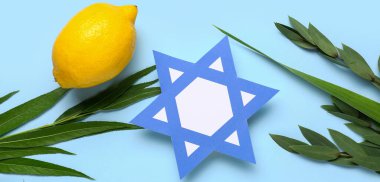 Dört tür (lulav, hadas, arava, etrog) Sukkot bayram sembolleri olarak ve mavi arka planda kağıt David yıldızı