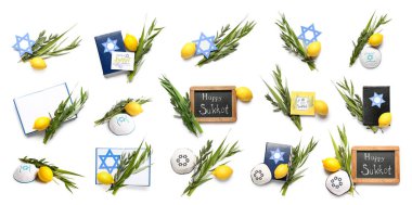 Beyaz arkaplanda Sukkot şenlik sembolleriyle kolaj