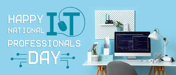 stock image Banner for Happy National IT Professionals Day with programmers workplace