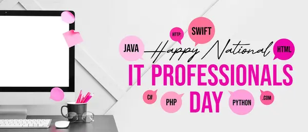 stock image Banner for Happy National IT Professionals Day with programmers workplace