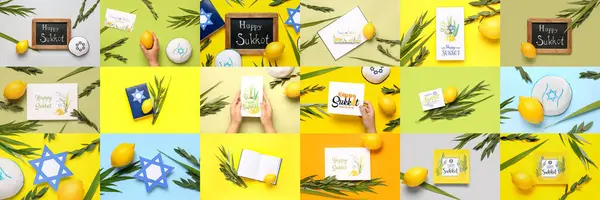 stock image Set with Sukkot festive symbols on color background