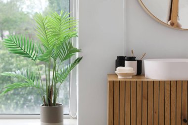 Lavabo, sabun, diş fırçası ve banyo aksesuarları banyodaki ahşap dolapta.