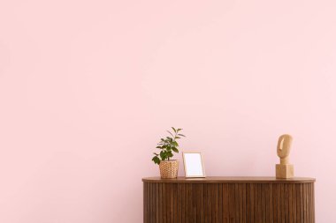 Çağdaş çekmeceler ev bitkisi ve odada pembe duvarın yanında boş resim.