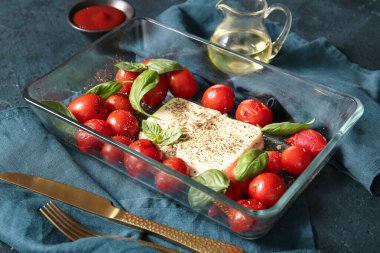 Lezzetli domatesli fırın yemeği ve mavi arka planda beyaz peynir.