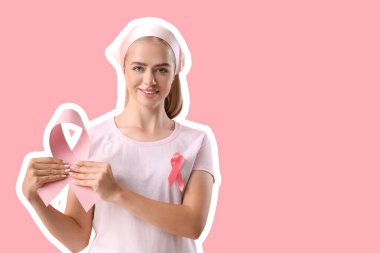 Pembe arka planda kurdeleleri olan genç bir kadın. Göğüs kanseri farkındalığı konsepti