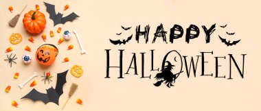 Açık arkaplanda farklı süslemeler ve tatlılar bulunan Cadılar Bayramı afişi