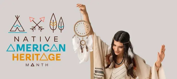 stock image Banner for Native American Heritage Month with young woman in Indian costume