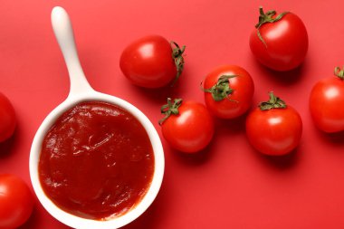 Kırmızı arka planda domates ezmesi ve taze sebzeli kase.